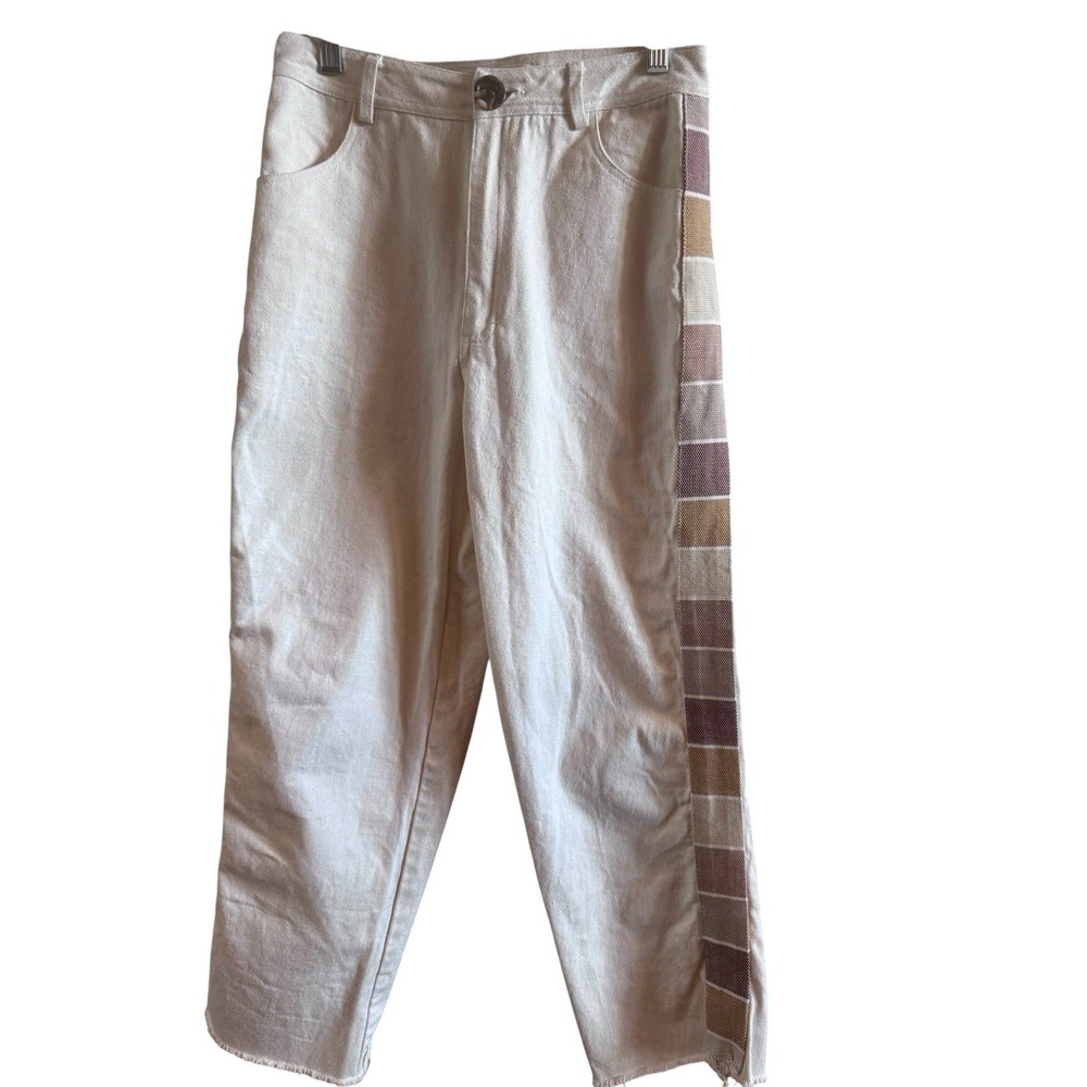 Laude The Label Cotton Cream Painter Pant Woman's Size 4 Geometric Side Panel